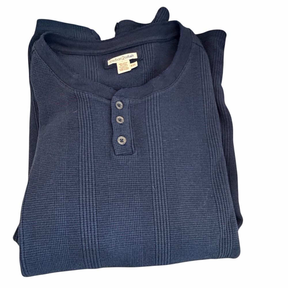 Men's Navy Long Sleeve Henley Shirt - Picture 2 of 4